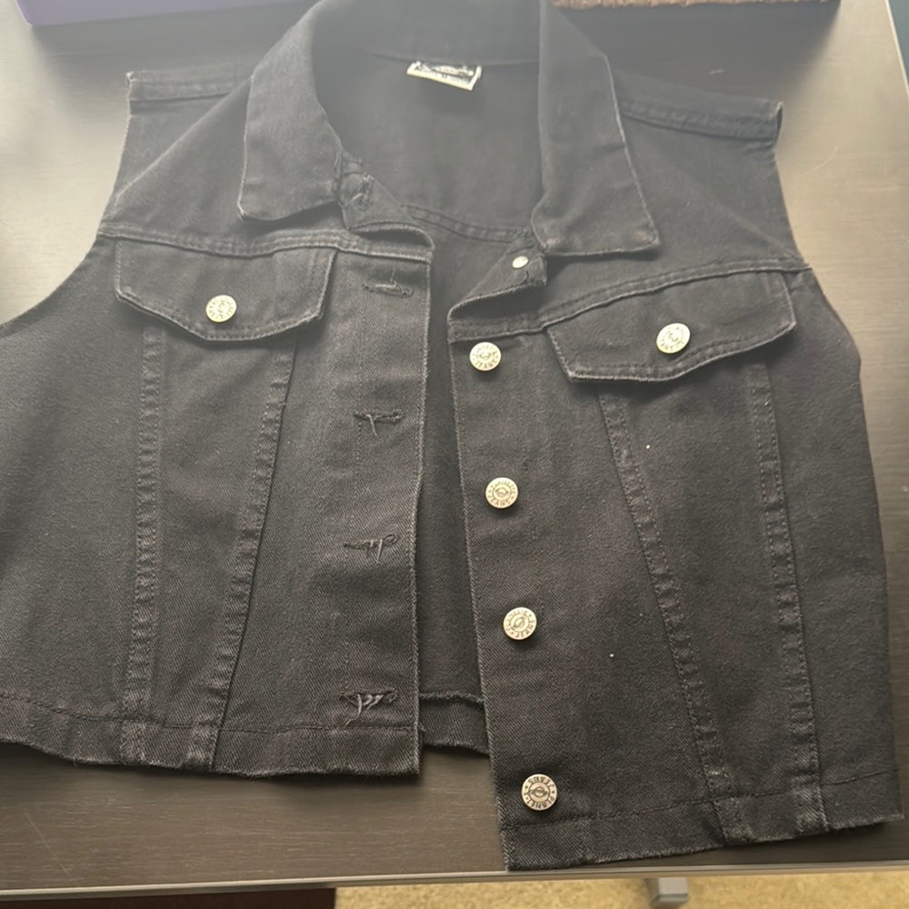 Black Denim Vest with Silver Buttons